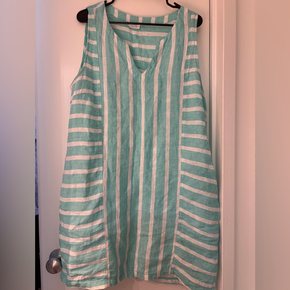 Sigrid Olsen Aqua and white striped 100% Linen Dress Size L